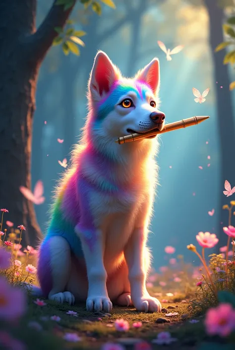 (mystical enchanted forest,mythical dog,rainbow fur,glowing eyes,wise and intelligent,holding golden pen in mouth,crystal-like trees,soft glowing light,holographic aura,five-colored flowers,swaying gently,graceful fairies,dancing in the air,trailing fairy ...