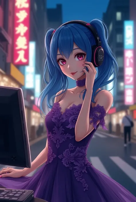 Best quality, ultra high resolution (photorealistic: 1.4), beautiful face, natural makeup (PureErosFace_V1: 0.8), | 1 Japanese woman, purple dress, skirt, intricate design, headphones, blue hair, hair with two tails, | posing standing, on the street at nig...