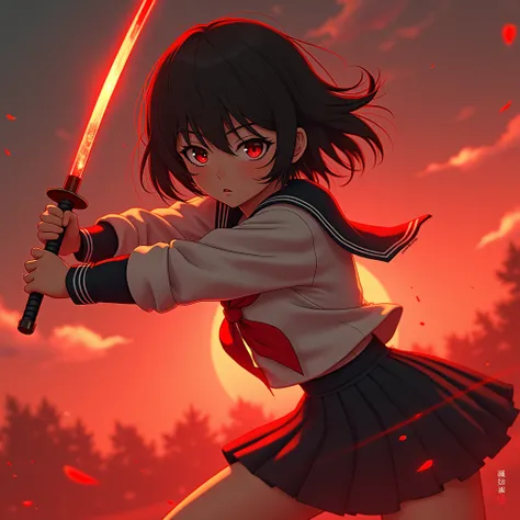 ExtremelyDetailed (Kuriyama Chiaki in Kill Bill), Correct Only one KATANA called ONI KIRI with Dazzling Reflection, Motion blurred Trajectory image of the KATANA, High definition Beautiful face with Innocence, Haunting Beautiful Reflective Eyes, in Very Wi...