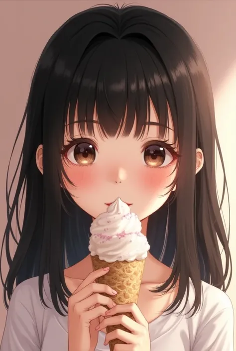  1 girl, round face,Black Hair,  semi-long,Thin bangs, Cat Eyes,((best quality)), ((masterpiece)), (detailed), perfect face, 25-year-old girl with straight hair eating ice cream