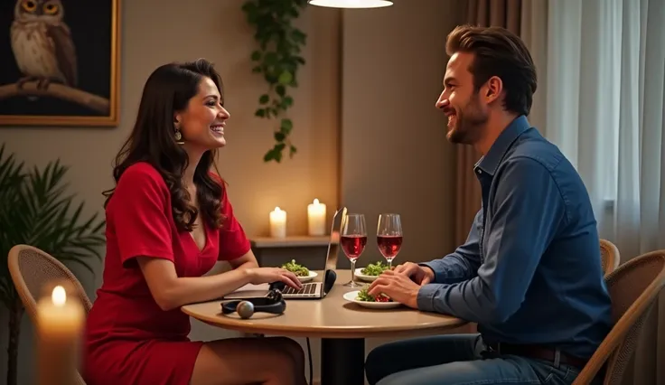 Europeans A man and a woman are sitting at a table and talking. The woman laughs. Fashionably dressed. A woman in a red short dress, a man in a blue shirt and jeans. There is a headset on the table and a laptop. There are two glasses of wine and two plates...