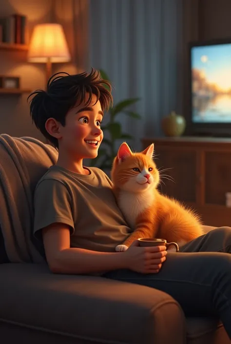 An orange cat with a plump body is seen sitting comfortably with its young owner, a man, both laughing while watching TV. They are sitting on the sofa, and the scene takes place in the living room at night, with soft lighting creating a cozy and warm atmos...