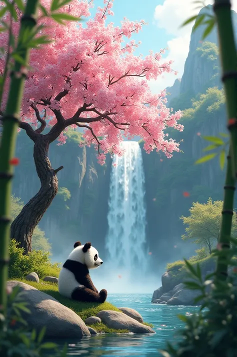 A blossoming cherry tree in the middle with a waterfall, a panda and bamboo.