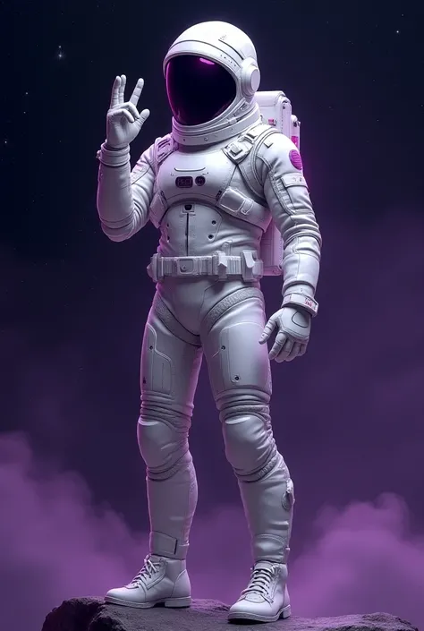 Create an astronaut in a drawing in white and purple making a sure sign