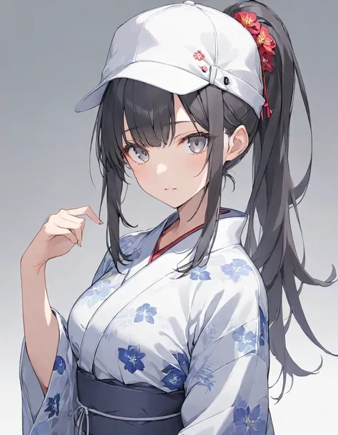 girl,Put on a yukata ,Black hair,In the grey eyes,, tie a ponytail cap.,thin