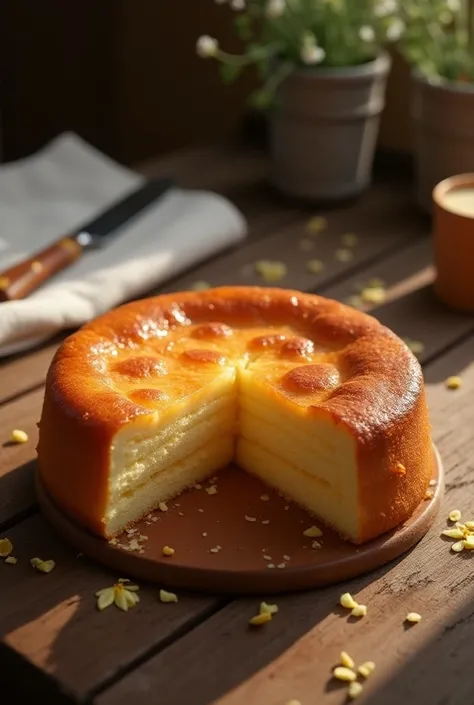 A hyper-realistic image of a freshly sliced Baumkuchen cake placed on a rustic wooden table. The Baumkuchens golden-brown layers are clearly visible, with a slight sheen that highlights its moist, fluffy texture. The outer crust has a caramelized, slightly...