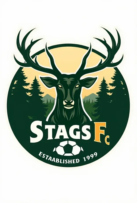 Make a football club logo of "RAIN CITY STAGS FC", round logo, green and gold color, deer head, football, established 1999