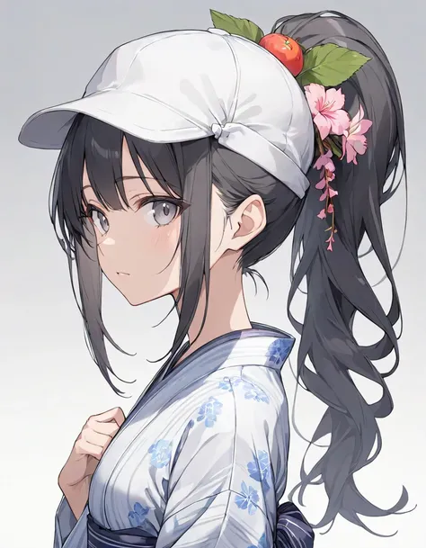 girl,Put on a yukata ,Black hair,In the grey eyes,, tie a ponytail cap.,thin,farmer