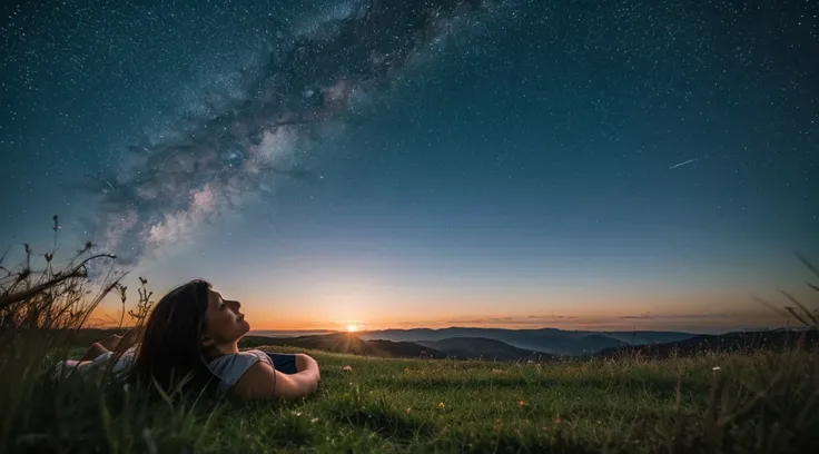 An individual lying on a grassy hilltop, looking up at the stars as the last colors of sunset fade. The scene has a tranquil, reflective vibe, symbolizing contentment and the importance of small, beautiful moments in life