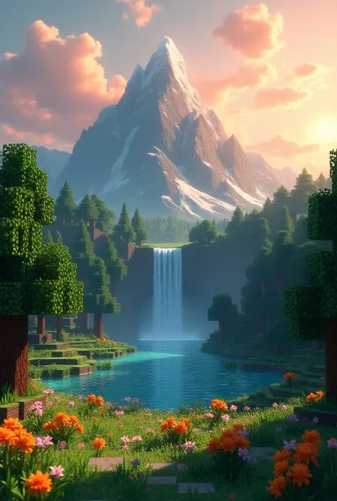   A vast Minecraft-style landscape in ultra high resolution .  The background shows an impressive mountain with a waterfall that flows into a lake surrounded by block trees in shades of green and brown. To the left,  a dense forest of pixelated fir and oak...