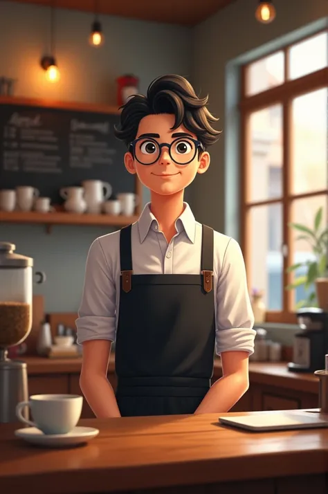 18-year-old boy with black hair ,  clear eyes, with glasses and big eyes,  wearing a coffee shop uniform at a coffee shop.