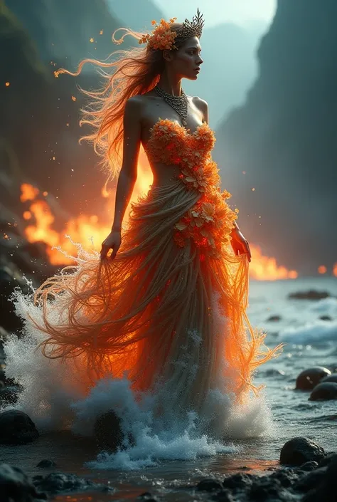 A being of contradictions, the woman made of fire and water stands like a living embodiment of natureâs extremes. Her dress is a marvel of elemental craftsmanship: the upper half is formed of glowing embers and molten lava, constantly shifting and crackl...