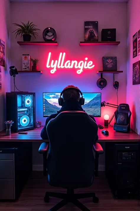  gamer setup with a sign with the text "LYLLANGIE "