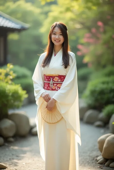 Create a professional portrait of beautiful Japanese woman, 25 years old, wearing a traditional Japanese Kimono dress in ivory color. She has straight long brown hair, bright face, medium breasts, Japanese wooden sandals. She holds a traditional Japanese u...