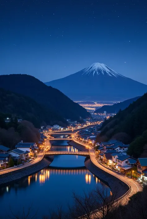 (Ultra Realistic) (RAW Photo, Masterpiece, Top Quality), Clear Light Ultra HD, Photo, Detailed Background, Japanese Scenery, Night View from the Top of the Mountain, Starry Sky, Houses and Street Lamps Reflected on the Water Surface, Beautifully Colored