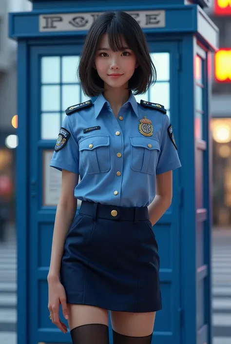 Police Costume、blue shirt and miniskirt、 young woman、cute、Beauty、1、Japanese police officer、 black stockings、police box、(Best Quality,4K,8k, high resolution on down,masterpiece:1.2),Super detailed,(Realistic,photoRealistic,photo-Realistic:1.37), high resolu...