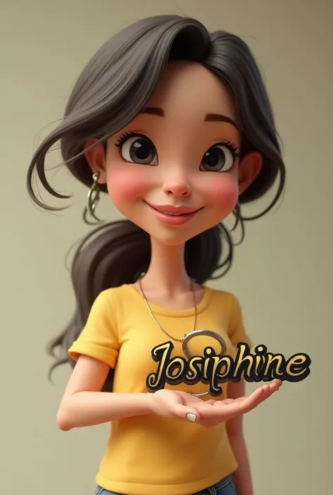 Girls " 3D caricature of a girl, key chain in the palm of the hand. High-quality realistic photo, and there is the name "Josiphine" in 3D letter style, embossed and realistic, in black yellow, indium white and black, 