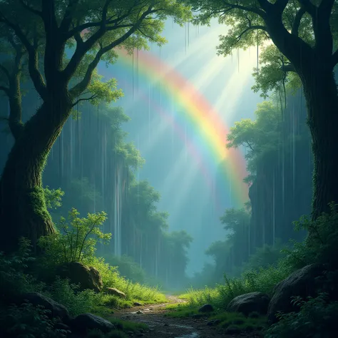 Light in the Forest, Tyndall effect, The forest after rain is particularly fresh, with a brilliant rainbow spanning the sky and passing through the dense tree canopy. The sound of raindrops falling and the roar of distant waterfalls intertwine to form a be...