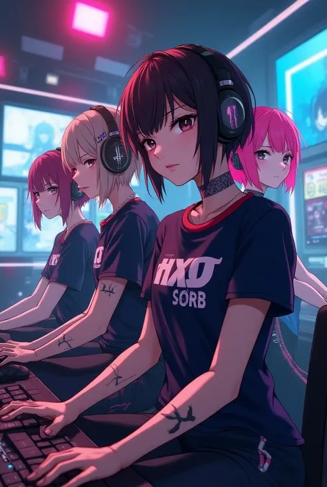 4 cards cartoon style,  cyberpunk,  short hair,  thick eyebrows, Digital Punk,  Anime Style 4k , short sleeve gaming clothes,  Black Hair ,  Computer Room, Over-the-head gaming headset