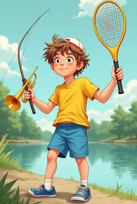 Can you imagine the image of a 14-year-old teenager ,  light brown , side parting, wearing blue tennis shorts and a yellow T-shirt holding a fishing rod, une trompette et joue au tennis en même temps ?