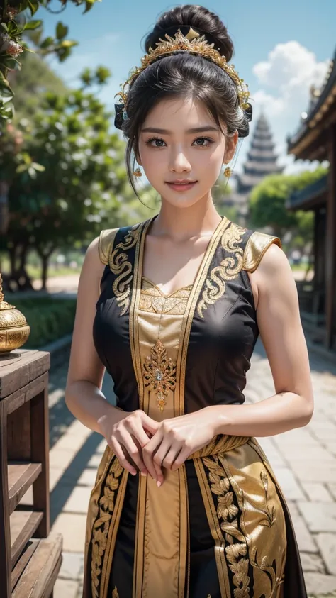 1female, a woman in the era of the Majapahit kingdom, is having a traditional Javanese wedding with gold and black ornaments, wearing a typical Javanese bun, with a charming and charming gaze, smiling, oriental female, with the Prambanan temple in the back...