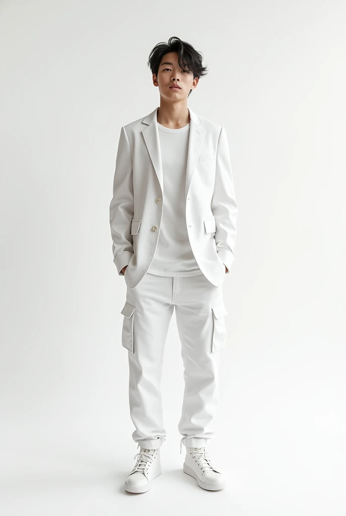 A teenager boy on white formal jacket, white t-shirt and with white cargo pant (full view)
