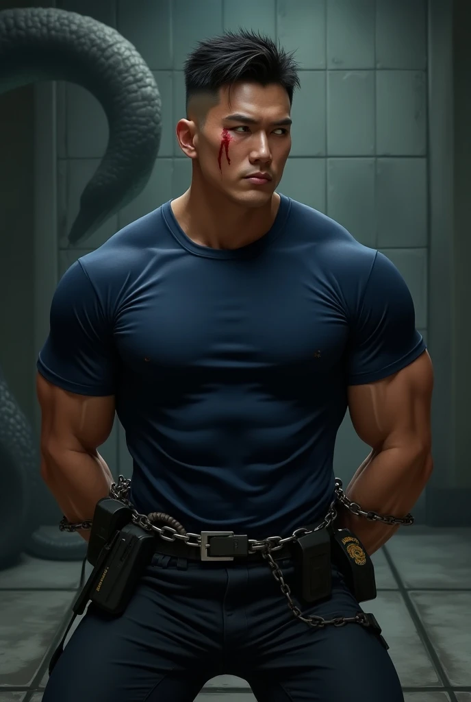 (Man in police uniform and under shirt:1.8), (shirt Torn:1.8), Ripped, Man in Tight Navy Blue T-Shirt with Police Badge, One Eye Closed, (((Muscular, Fit, Korean Man in Tight Navy Blue T-Shirt))), (Bloodstain on Cheek), Wearing Jeans, (((Big Arms, Toned Ch...