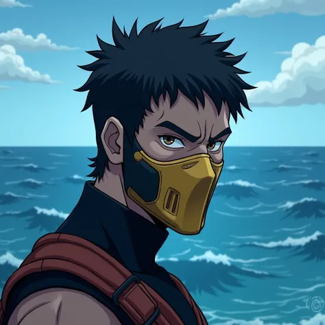 A guy with with the blue ocean background in Mortal Kombat anime style face anface