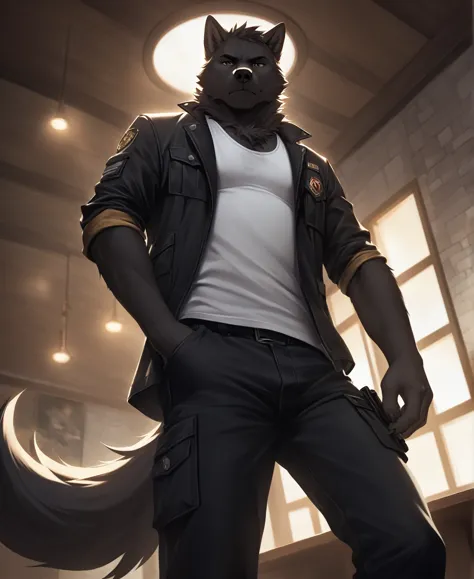 solo,furry,furry male,wolf,adult,black_skin,black fur,wolf ears,wolf tail,muscular,tall,white tank_top,black cropped_jacket,blac...