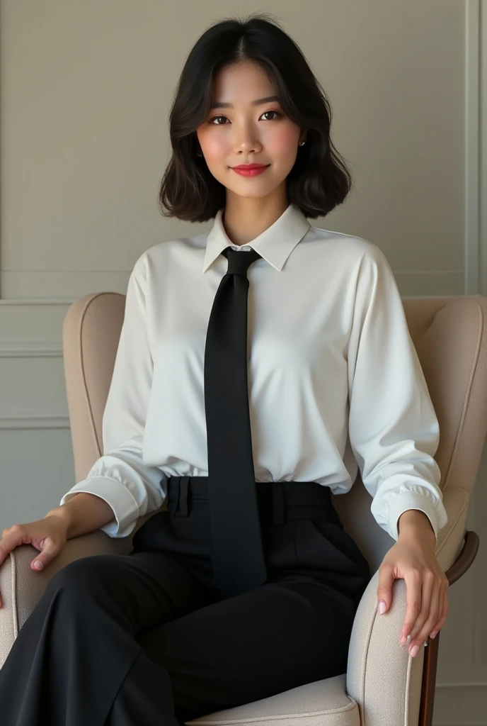 Asian woman, 25 years old, short shoulder length hair, sitting in an armchair, with a carefree boss pose, legs crossed, wearing a white dress shirt with a black tie and wide black pants