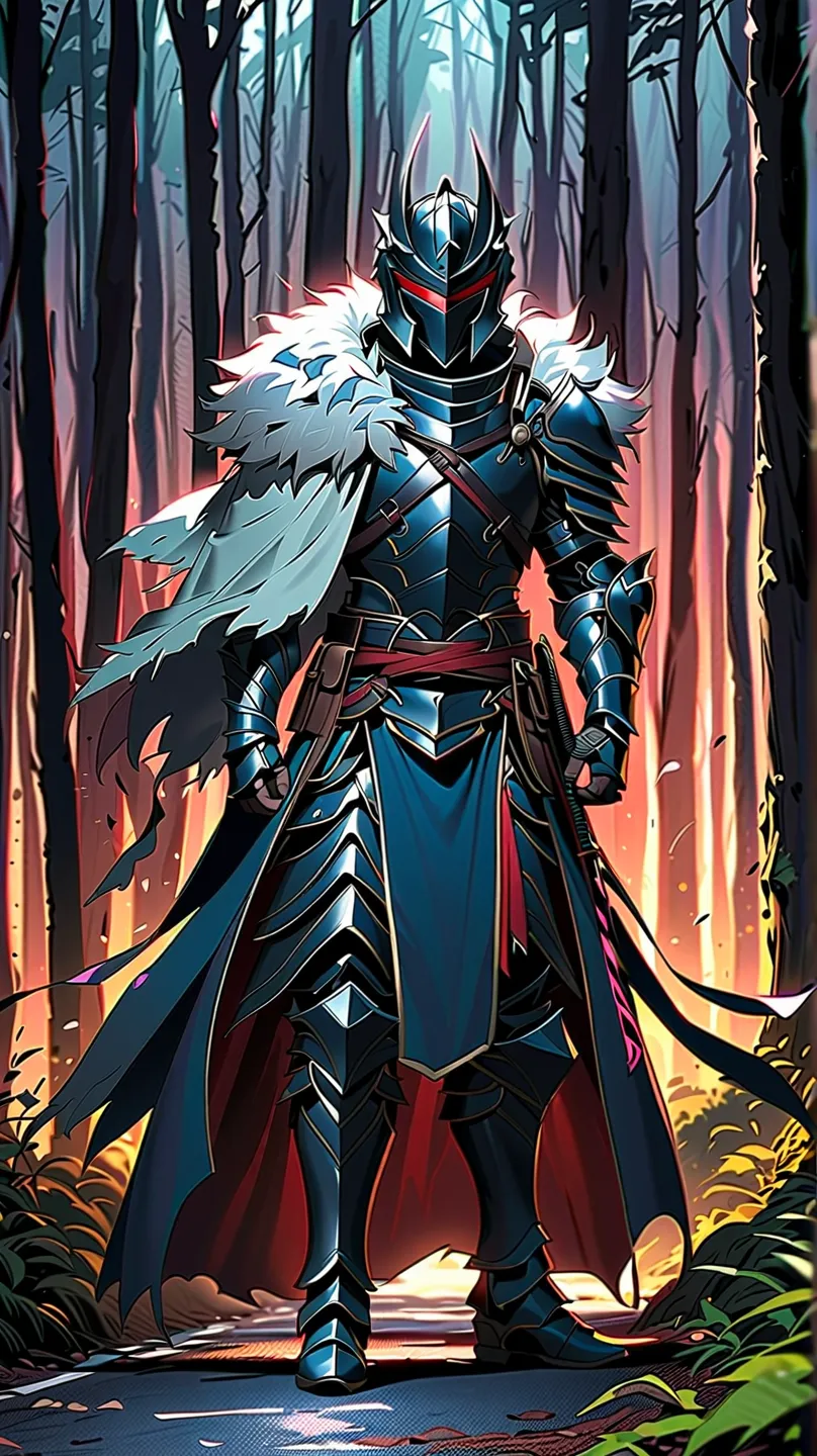 man,  Fairy Slayer , Holy Knight,Wears heavy armor(blue red),helmet,karate,,Fur collar ,Light in the forest on a black fur cape background,On the road,Strong wind, Full Body View , man,  Very detailed,  high detail