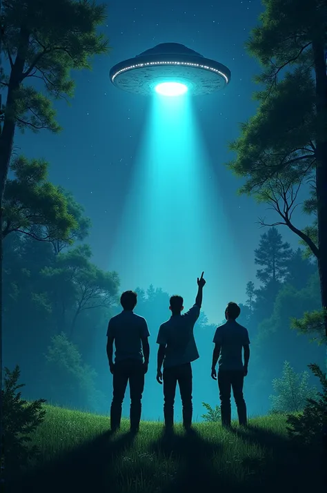 3 men in a forest meadow at night. One of them is pointing at a UFO in the sky