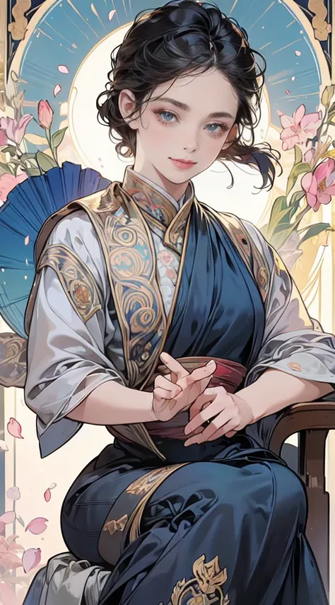 (masterpiece), Best Quality, Super detailed, Illustration, Detailed light, very delicate and beautiful asian girl,  Deep Blue Eyes ,  smiles lightly, ( face focus ), fortune tellerの部屋,  The Petals Dance, Great hands, Perfect hands, (the above),  asymmetric...