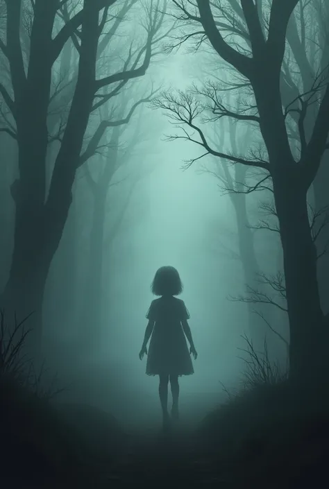 A ghostly figure of a young girl with twisted legs, wandering alone in a dense, foggy forest. Her silhouette is barely visible through the mist, with her soft, mournful voice echoing in the air. The atmosphere is cold and haunting, filled with an eerie sil...