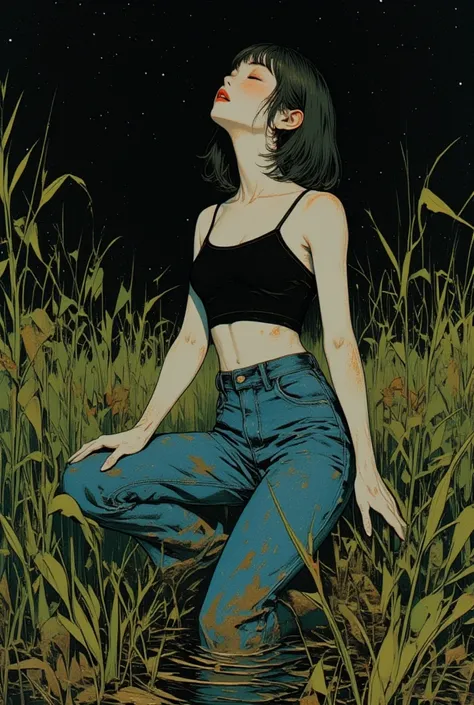 woman, top and skinny flared levis muddy jeans ,drowning in mud bog, green brown reeds, duckweed, night, stars, red lips, kinky kneeling, bang-cut, close-up, side view, surreal