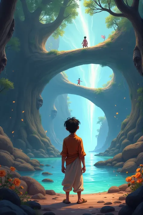 Create in Cinematic 3d Cartoon Style:As Arjun reads the ancient text, he feels dizzy and suddenly finds himself transported to a magical realm. In this world, trees talk, rivers glow, and bridges float in the sky. He is in awe, but a sense of danger also l...