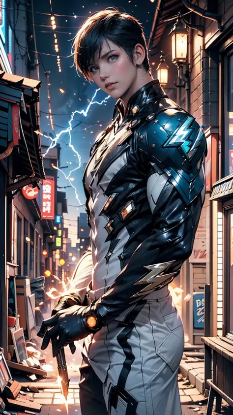 (A 17-year-old young man with a soul that emits blue and black lightning particles around him),  3d rendering , Movie special effects,  Movie Lighting , Abandoned city, Clear HD, 8k resolution,  very detailed,  digital painting,  concept art, Makoto Shinka...