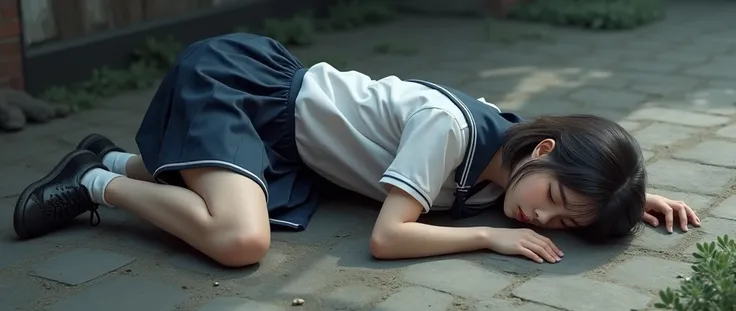 A realistic woman sleeping outside floor in shoes and short school uniforms 