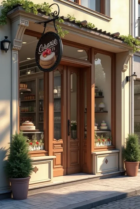 A hyper-realistic image of the exterior of an old-fashioned cake shop in a historical district. The building has a charming, slightly weathered facade with light pastel colors, ornate wooden trim, and large display windows showcasing beautifully arranged c...