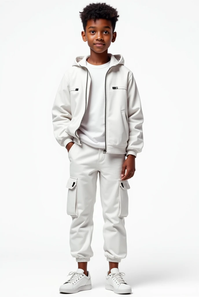 A brown teenager boy on white jacket, white t-shirt and with white cargo pant (full view)
