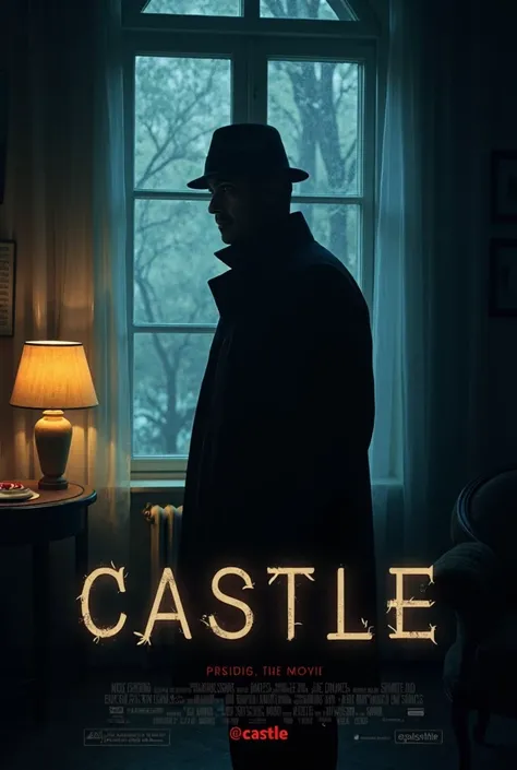 A movie cover called "Castle,  the movie". Where you can see a detective and elements of journalism. a paper note wrigth "ArtesaNature" in. nigth lights in window. a cockright in corner room. Put a text that says "Em breve" in bottom. "@castle" in credits
