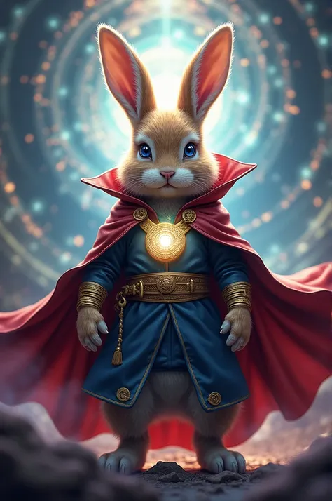 A rabbit with Doctor Stranges cape and an agamotos eye