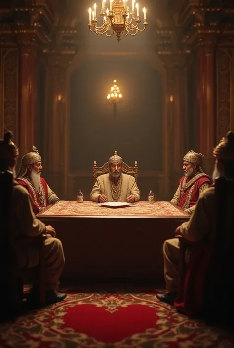 A very clear ultra HD cinematic image of " Rana Ratan Singh called a council and sought advice from his trusted generals, Gora and Badal.