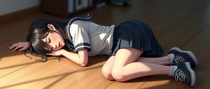 A realistic woman sleeping floor in shoes and short school uniforms 