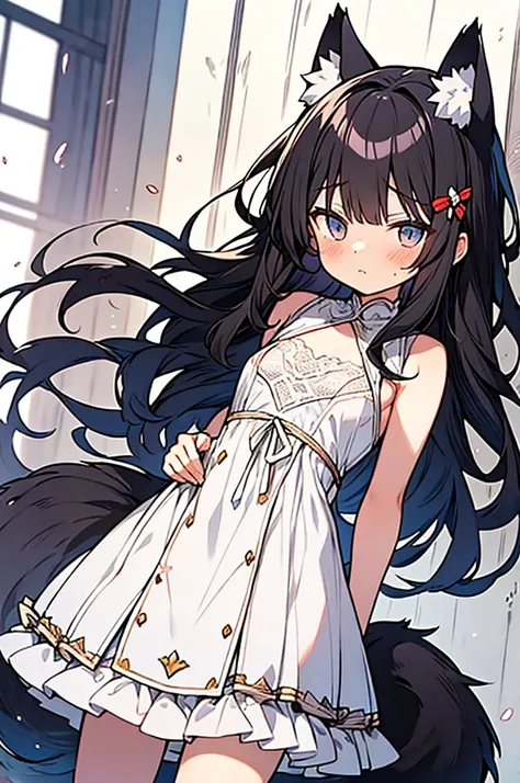 animetic wolf-earsed black-long-hair mega cute  boy,wolf-taIl, white lace dress, jitome,little sad,