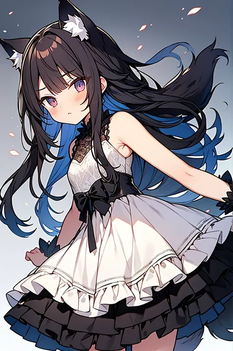 animetic wolf-earsed black-long-hair mega cute  boy,wolf-taIl, white lace dress, jitome,little sad,