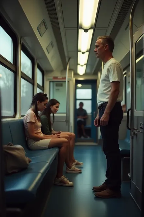 A teenager having sex inside the train with an old man standing