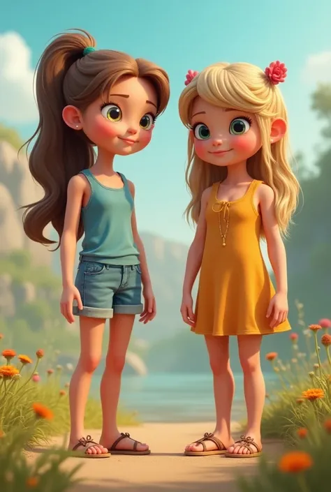  girl named Leonie and girl named Lara friendly smile ponytail both girls are giantesses bigger than a high-rise building 20 meters tall with s named Jonas he is in the land of giants the two girls are giantesses chic summer outfit pretty girls cute 3D car...