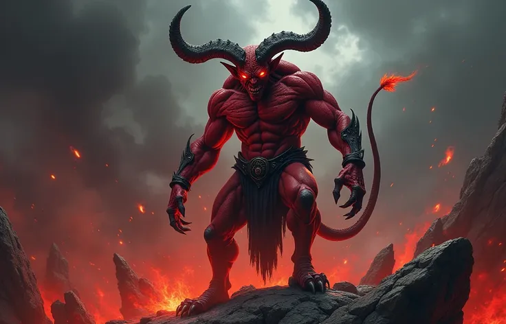 “A hyperrealistic depiction of the Devil with imposing, twisted horns that curve menacingly over his head and a long, pointed tail flicking behind him. His skin is a dark, fiery red, and his muscular body is clad in cracked, obsidian-like armor with hints ...