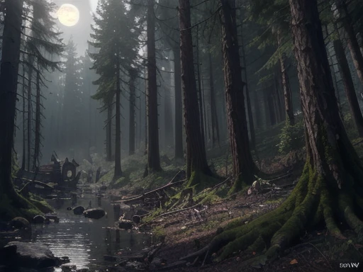  moonlight,(Fantasy Forest),(Deep Forest),forest,(  Strong Shadow :1.3),water vapor,(Horror Style),(curse:1.3),(soul:1.3),(ultra Realistic 8k cg,  RAW photos from the last century, Best Quality, masterpiece:1.2), high resolution raw color pictures , profes...